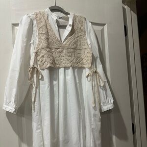 Elegant White Dress with Cream Crochet Overlay